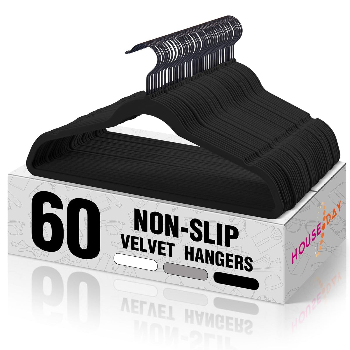 House Day black velvet hangers 60-pack front view for space-saving closet organization.