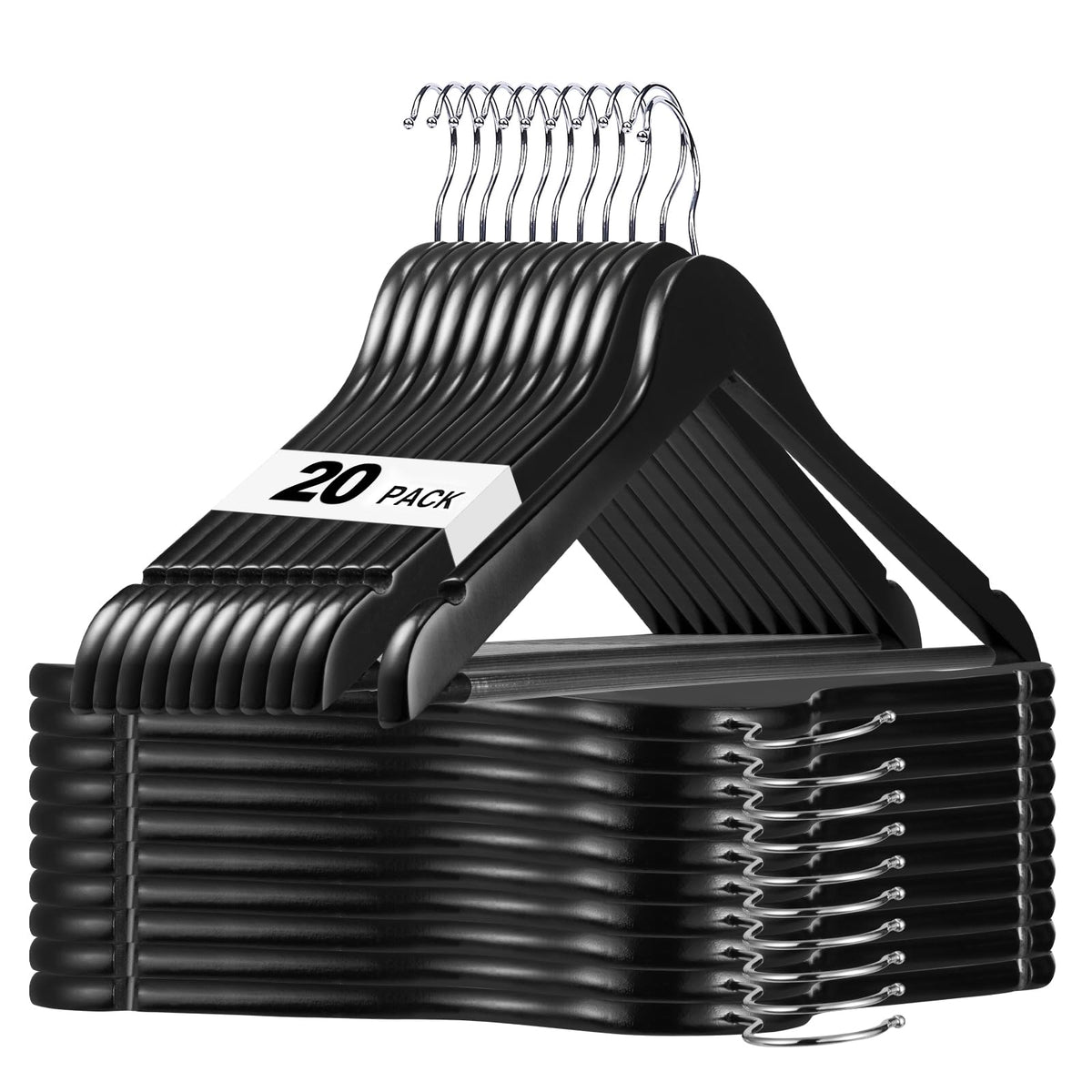 HOUSE DAY black wooden hanger 20-pack for sturdy closet organization and heavy coats.