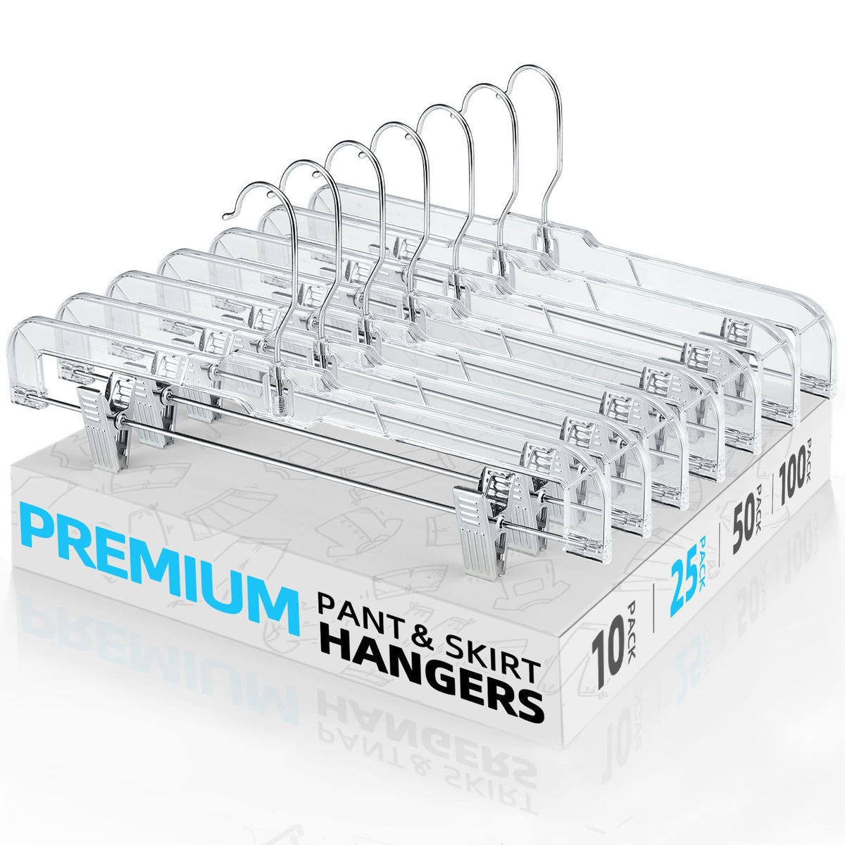 House Day clear pants hangers with clips, front view, ideal for organized 25-pack closet storage.