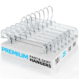 House Day clear pants hangers with clips, front view, ideal for organized 25-pack closet storage.