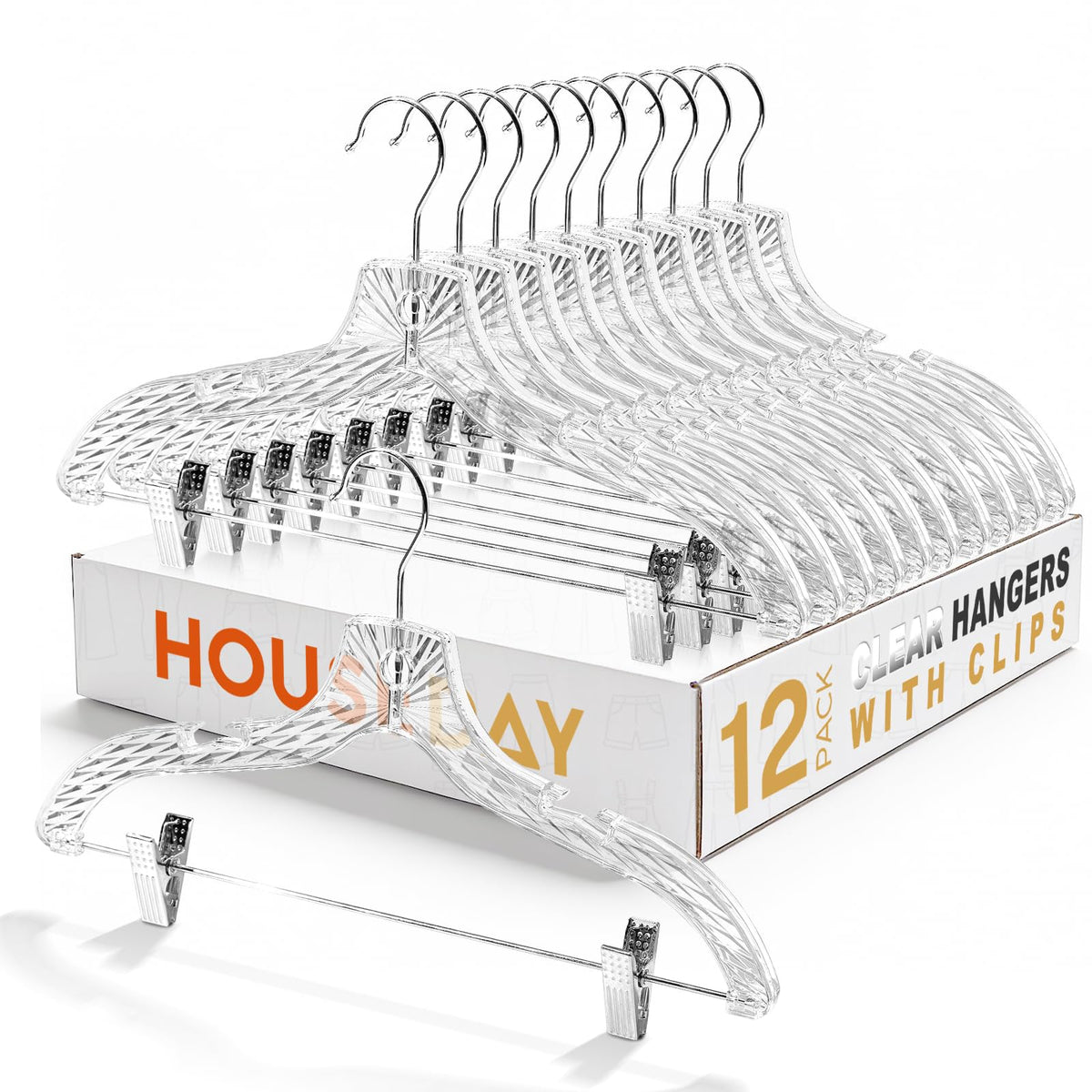 House Day clear plastic pants hangers 12-pack with sturdy clips for heavy fabrics.