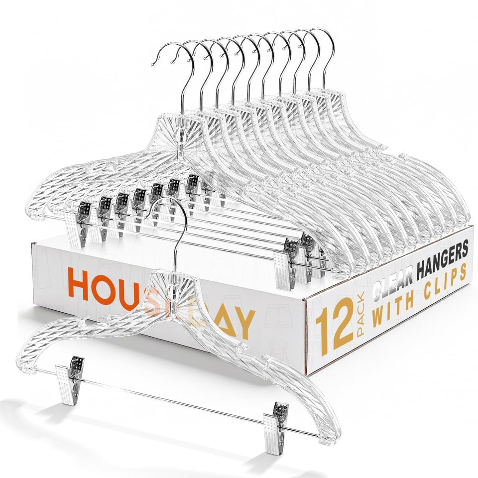 House Day clear plastic pants hangers 12-pack with sturdy clips for heavy fabrics.