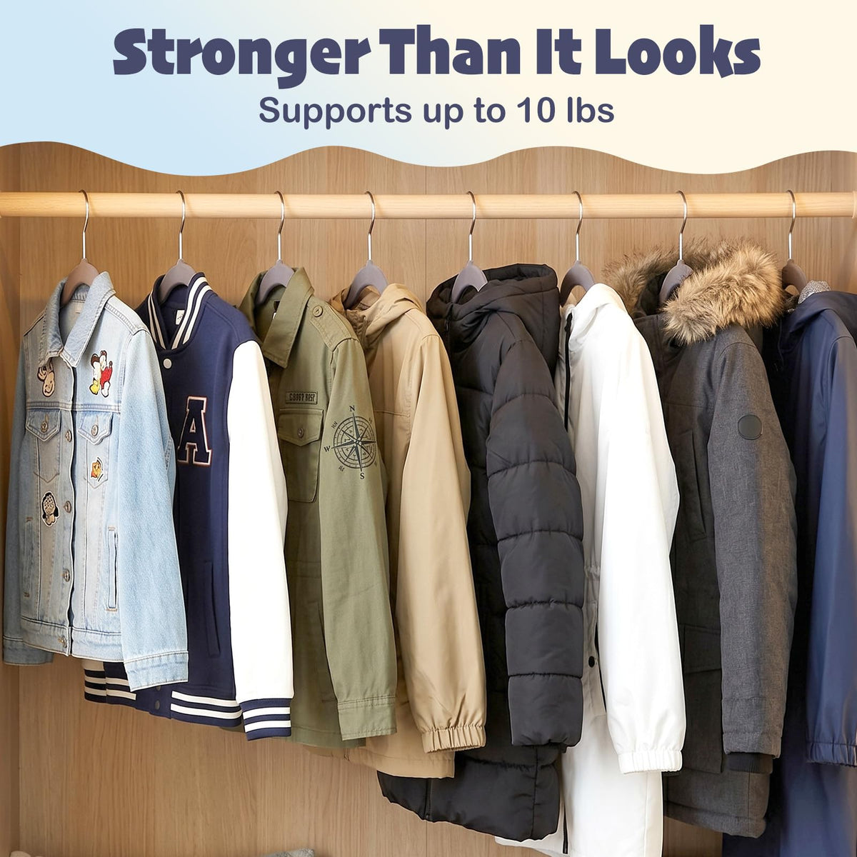 HOUSE DAY compact 14-inch hanger fits growing wardrobes with slim profile.