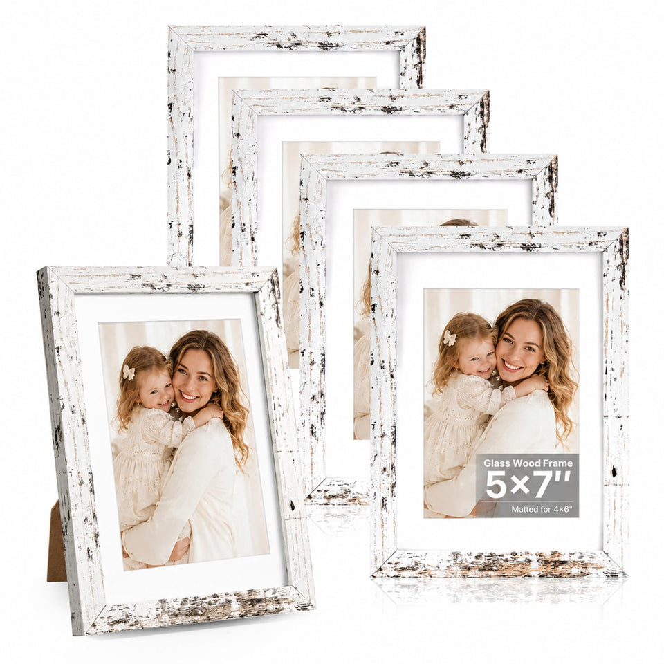 HOUSE DAY Distressed White 5x7 frame close-up showing real glass for crisp photo clarity
