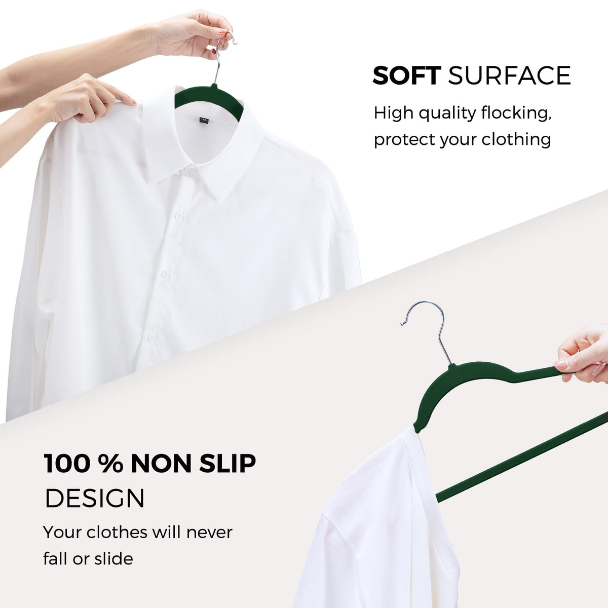 Emerald green HOUSE DAY hanger with slim profile saves space.