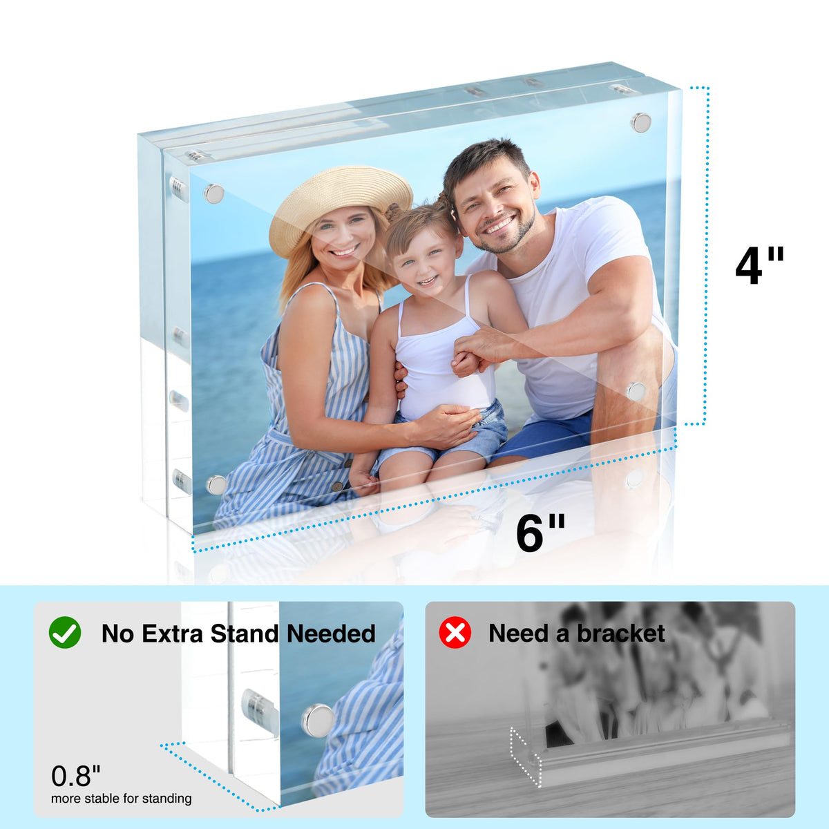 HOUSE DAY frameless free-standing frame sits securely on a surface.