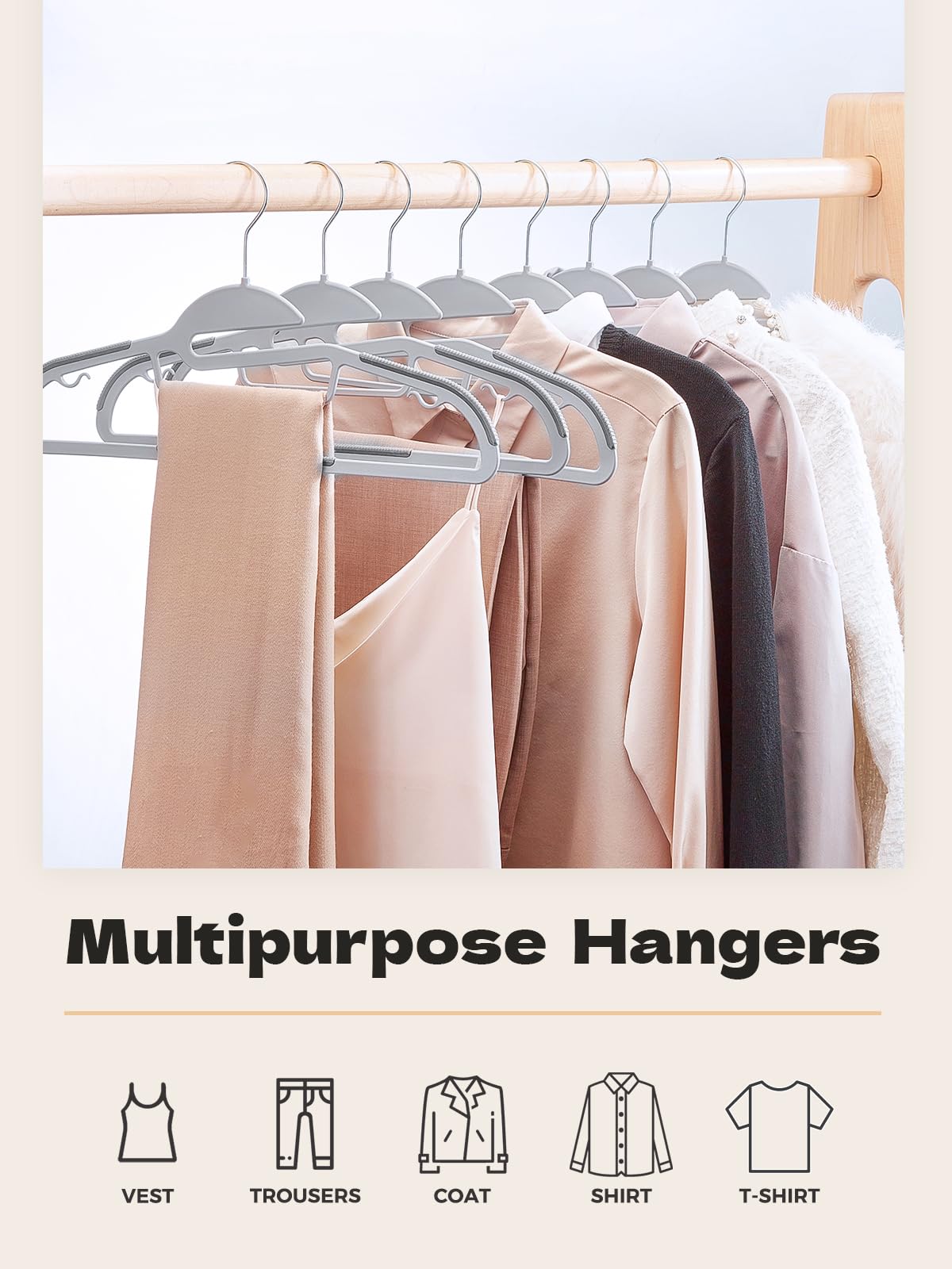 HOUSE DAY grey hangers side view highlights sturdy build for heavy coats.