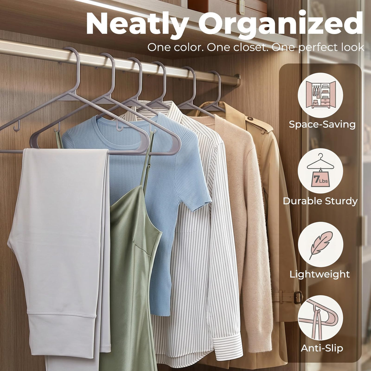 Slim profile HOUSE DAY hanger saves closet space and fits more garments