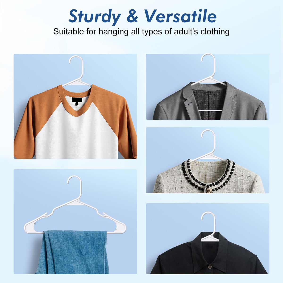 HOUSE DAY heavy-duty plastic hangers provide reliable support for jackets and heavier pieces.