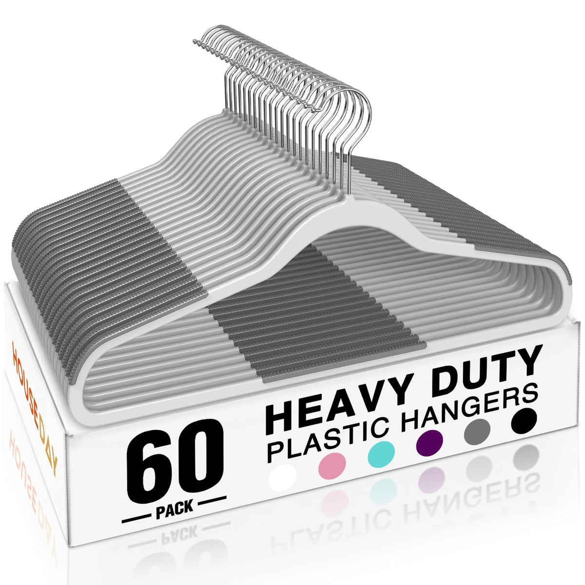 House Day heavy-duty plastic hangers provide sturdy garment support for organized closets.