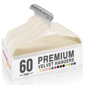 HOUSE DAY Ivory Velvet Hangers 60 Pack keeps coats neat and wrinkle-free.