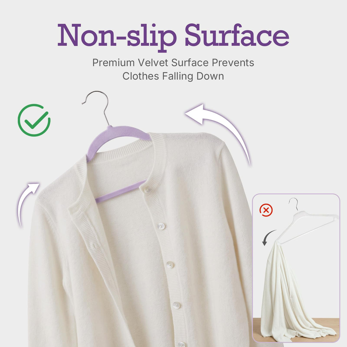 Close-up of shoulder detail on House Day Lt-Purple Velvet Hangers to prevent slipping