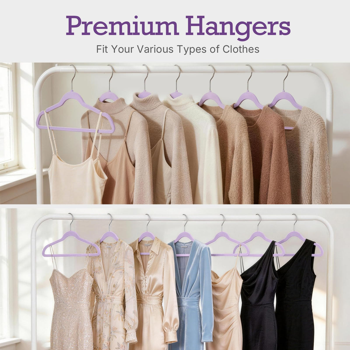Wardrobe organization with House Day Lt-Purple Velvet Hangers in a closet