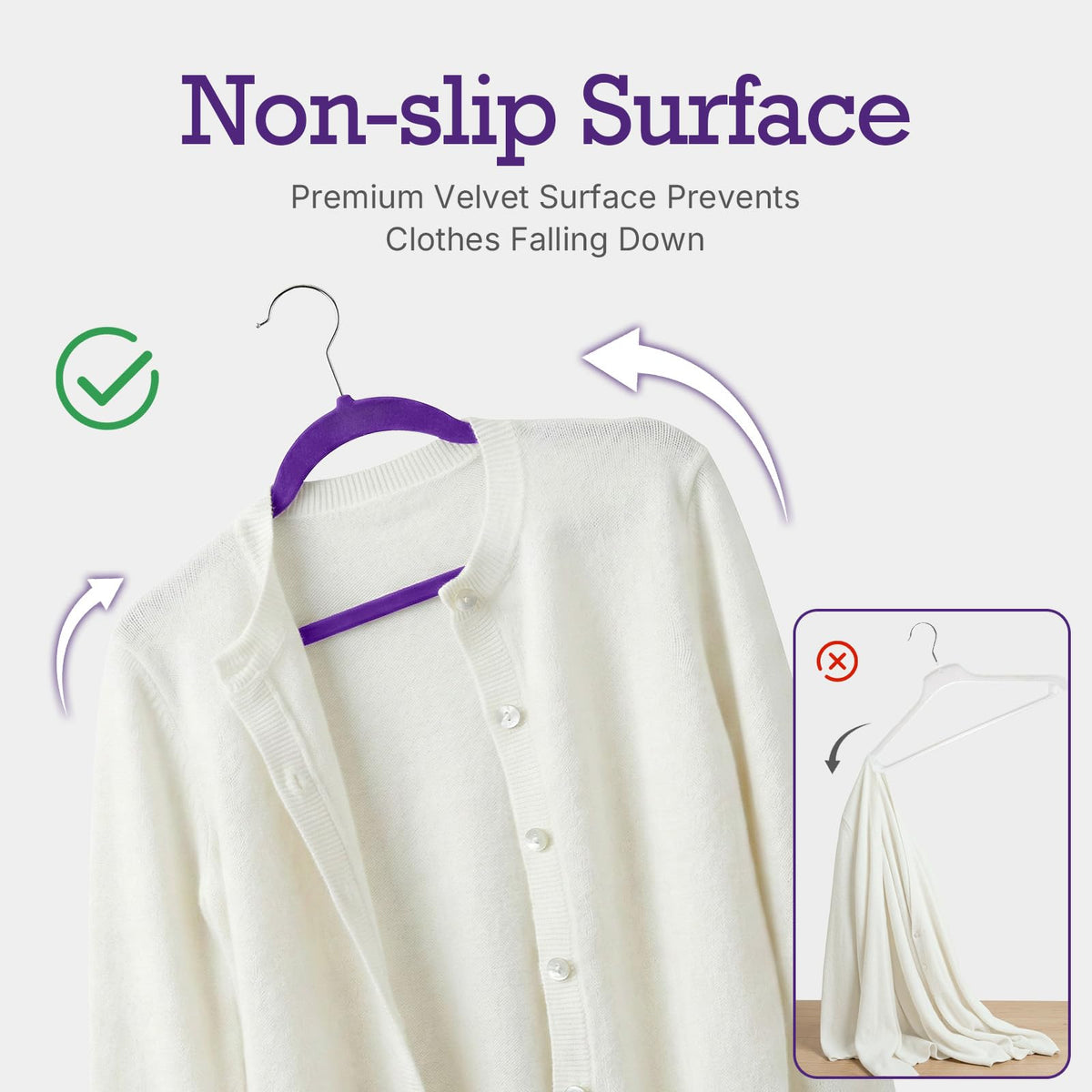 HOUSE DAY Noble-Purple Velvet Hangers close-up velvet texture protects fabrics.