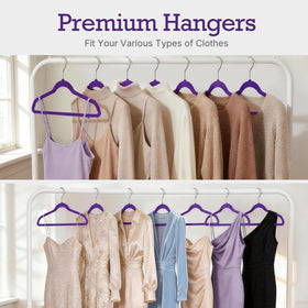 HOUSE DAY Noble-Purple Velvet Hangers organized closet with multiple hangers.