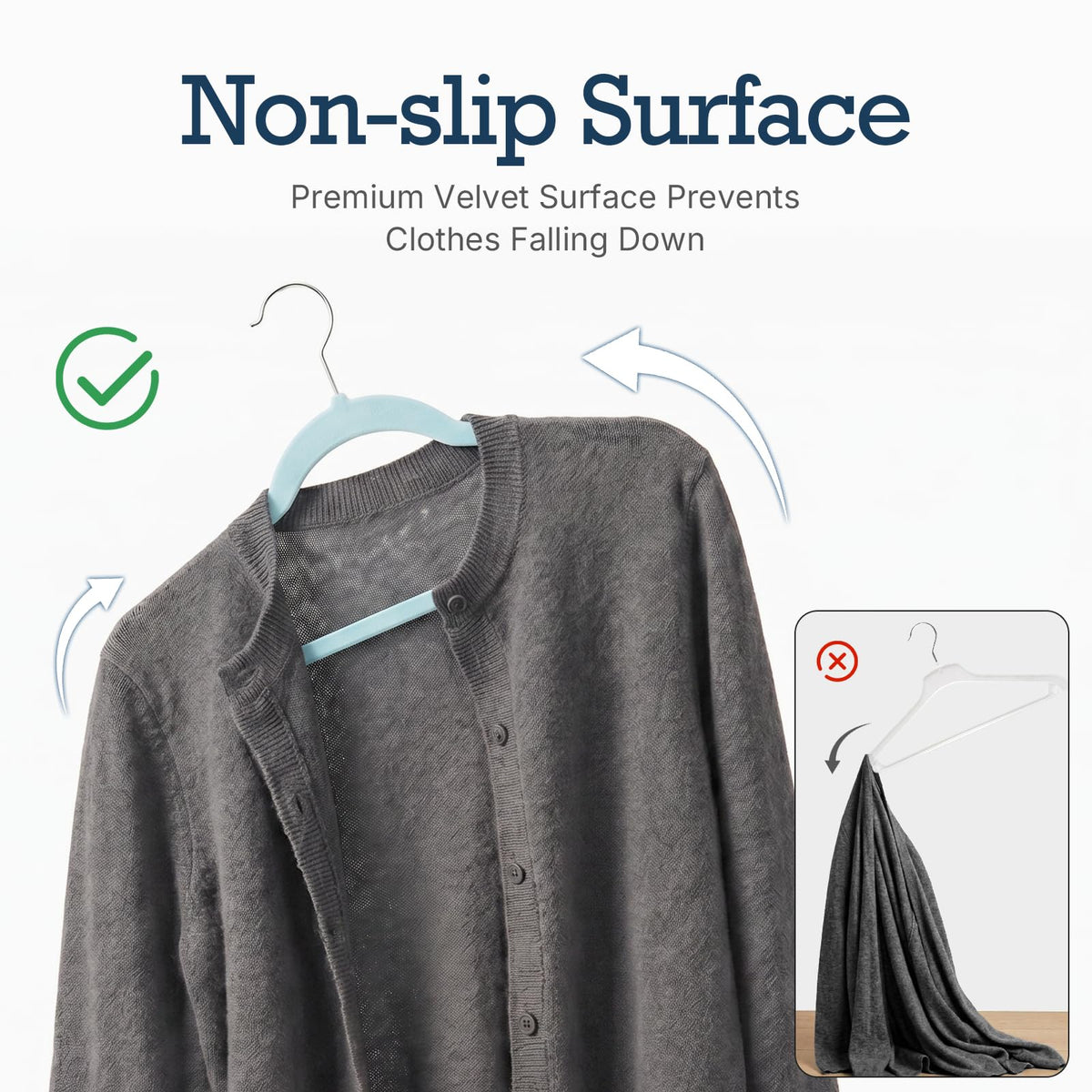 House Day velvet hangers showing non-slip shoulder design preserves garment shape
