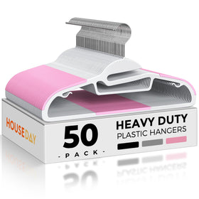 House Day pink plastic hanger with slim profile for space-saving closet organization.
