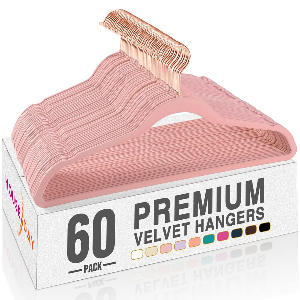 HOUSE DAY Pink Velvet Hangers 60-Pack display ultra-thin closet optimization.