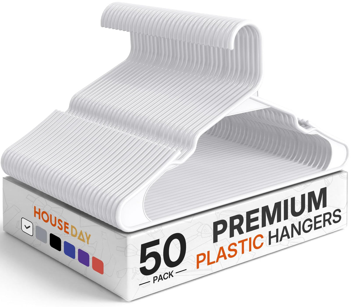 HOUSE DAY plastic hangers in white, 50-pack, ideal for space-saving closet organization.