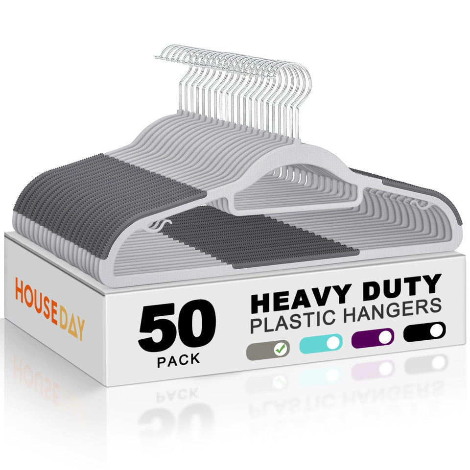 HOUSE DAY plastic hanger with non-slip shoulders keeps garments secure.