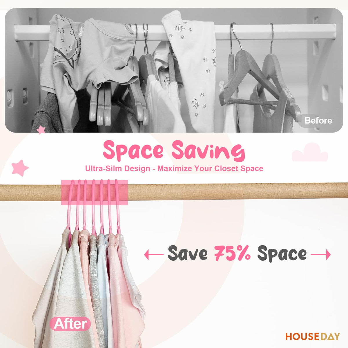 House Day lightweight 11-inch pink baby hangers simplify daily dressing.