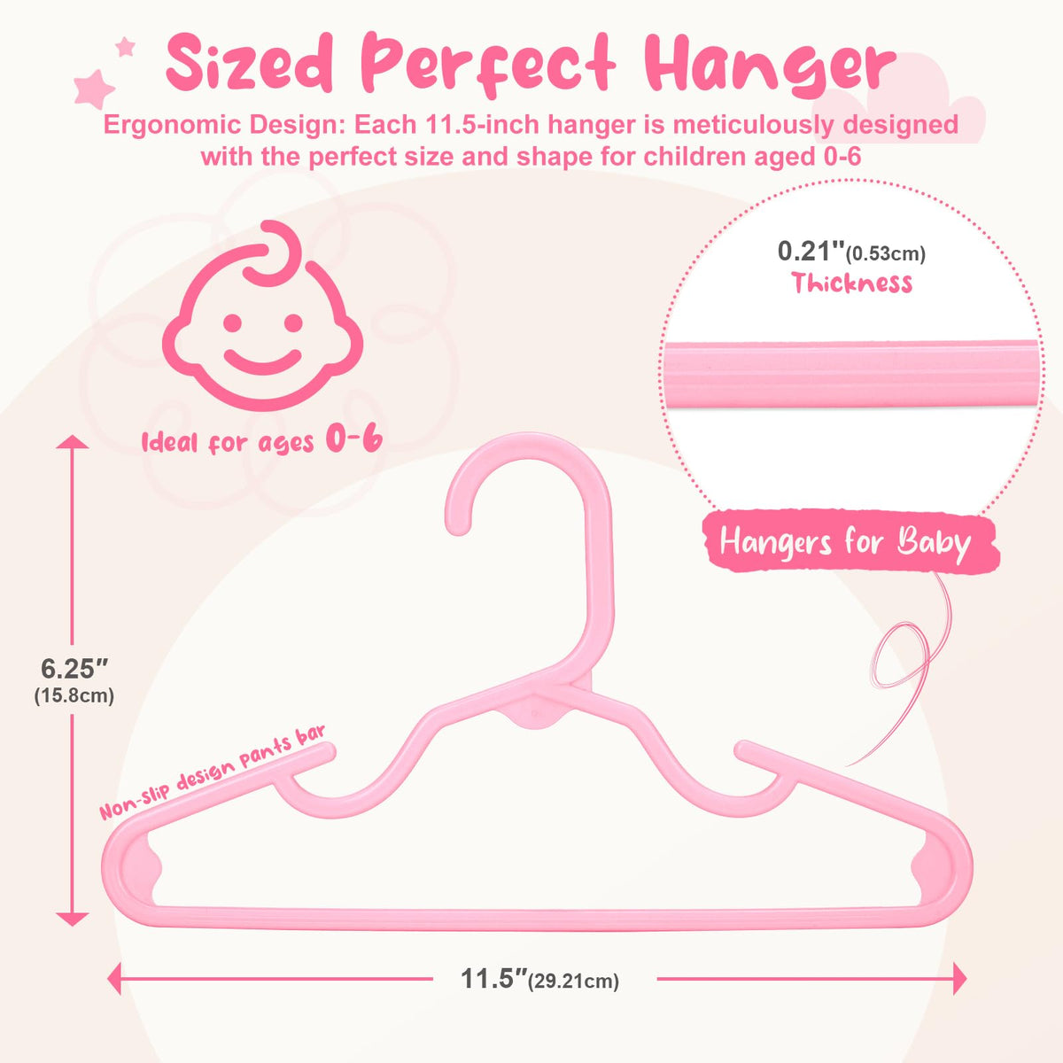 House Day 11-inch pink baby hangers with notched shoulders prevent slips and wrinkles.
