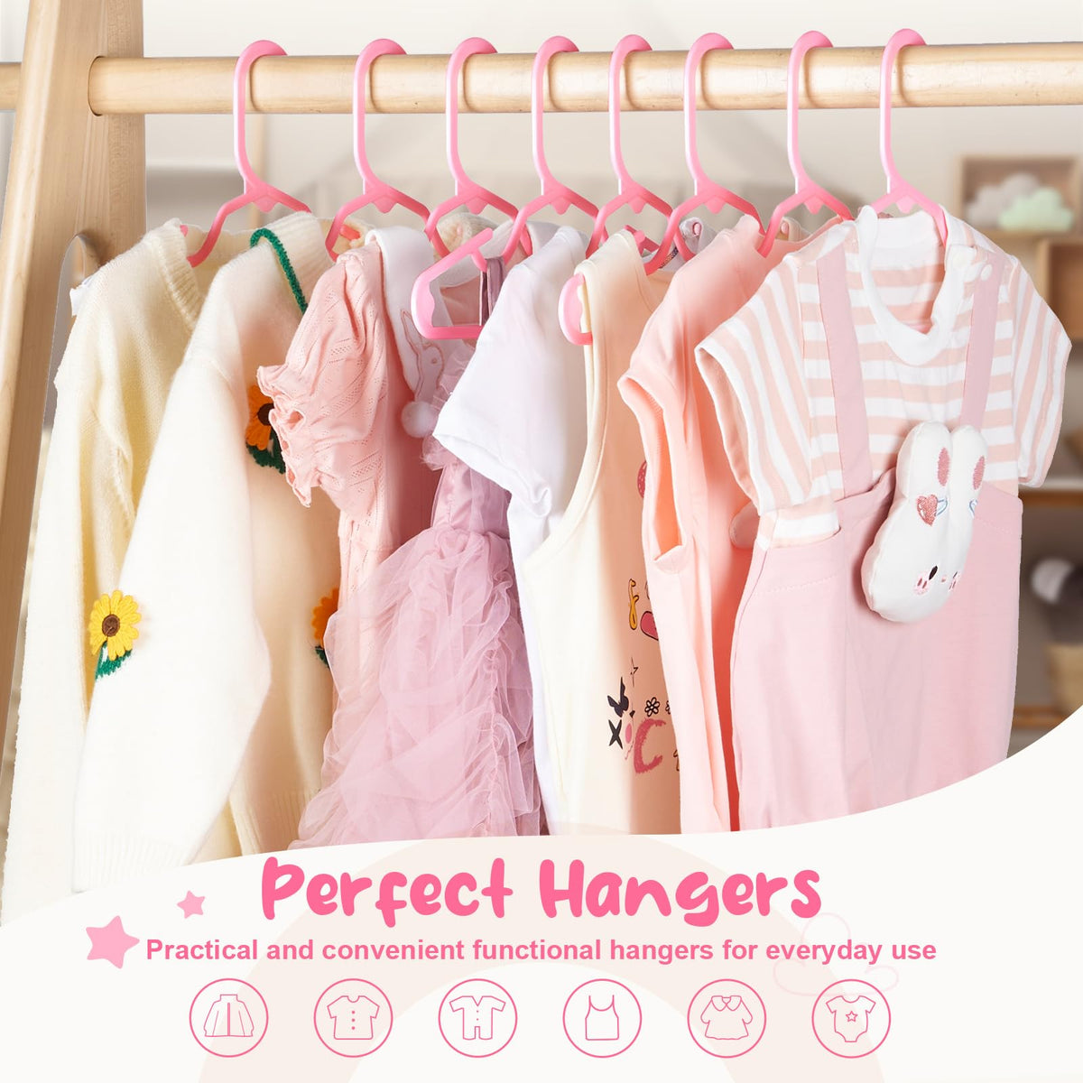 House Day space-saving 11-inch pink baby hangers maximize closet capacity.