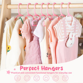House Day space-saving 11-inch pink baby hangers maximize closet capacity.