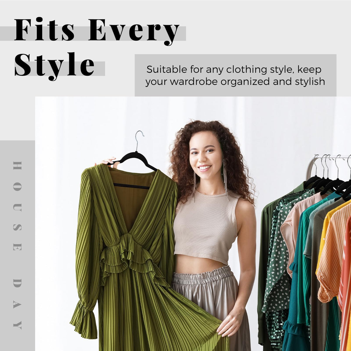 Slim profile HOUSE DAY velvet hanger saving closet space and increasing capacity.