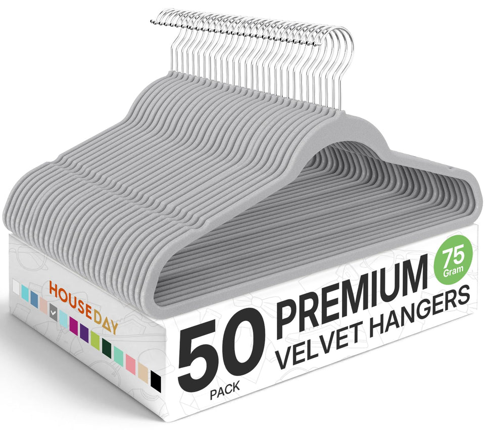 HOUSE DAY premium velvet hangers grey protect fabrics while maximizing closet space.