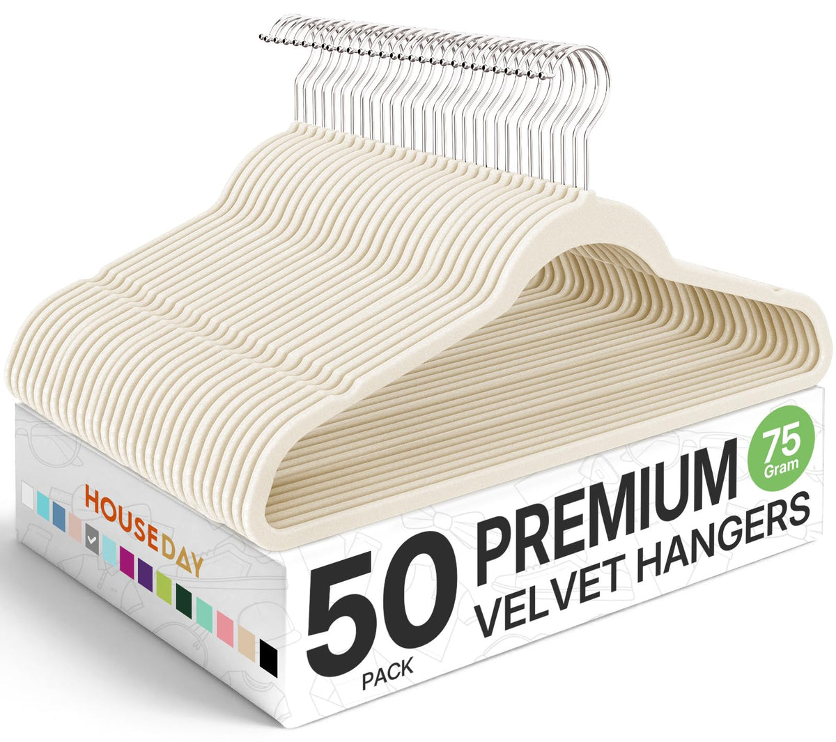 House Day premium velvet hangers Ivory 50 pack keeps garments smooth and organized.