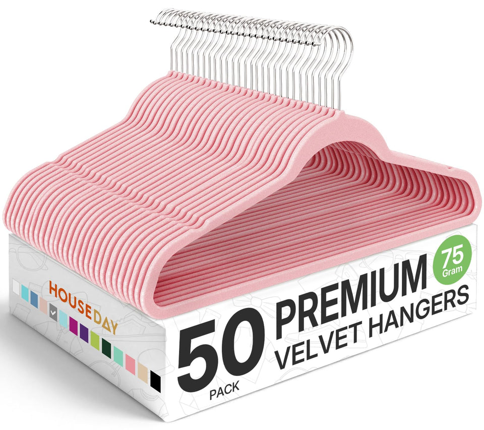 HOUSE DAY Premium Velvet Hangers pink product shot showing slim profile for closet space