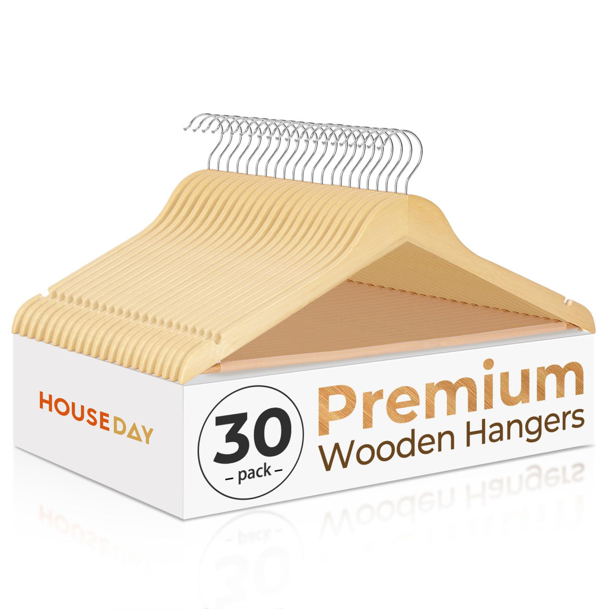House Day Premium Wood Hangers for heavy coats, preventing warping and preserving shape.
