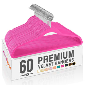 HOUSE DAY Rosy Red Velvet Hangers 60-pack demonstrates space-saving closet organization.