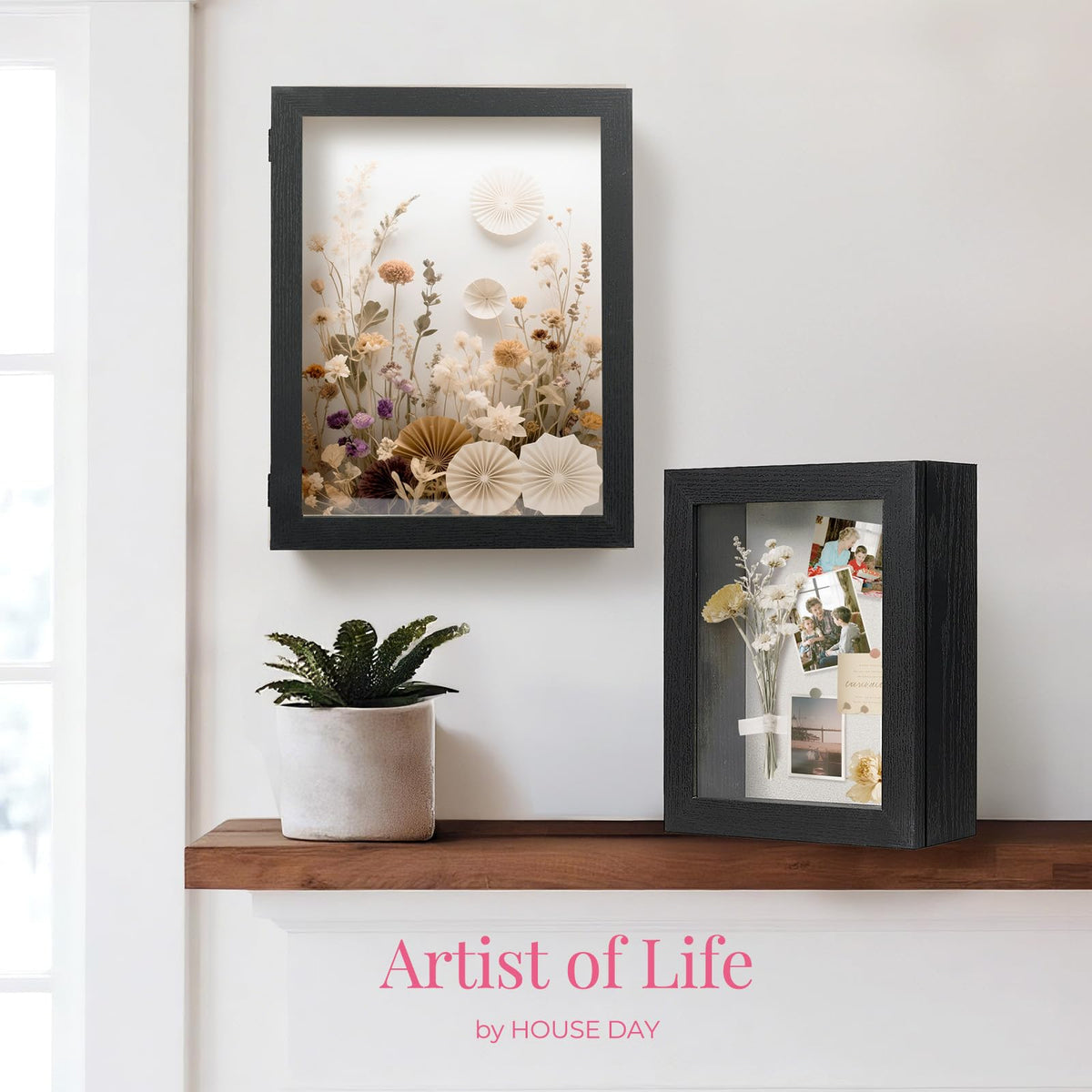HOUSE DAY linen-backed panel inside shadow box showcases photos beautifully