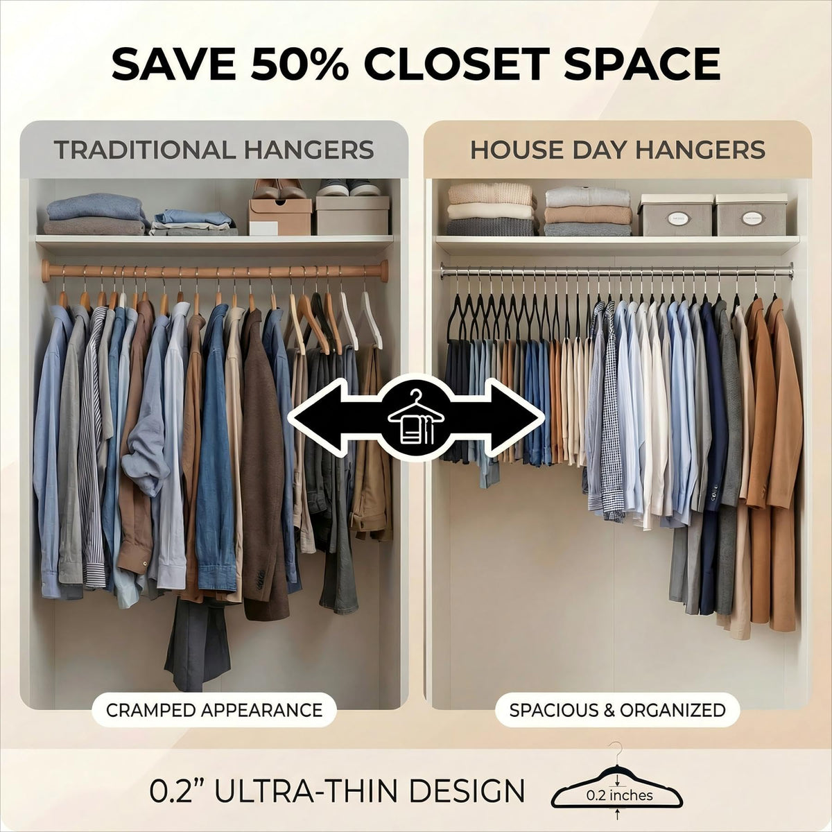 HOUSE DAY slim space-saving design maximizes closet real estate.