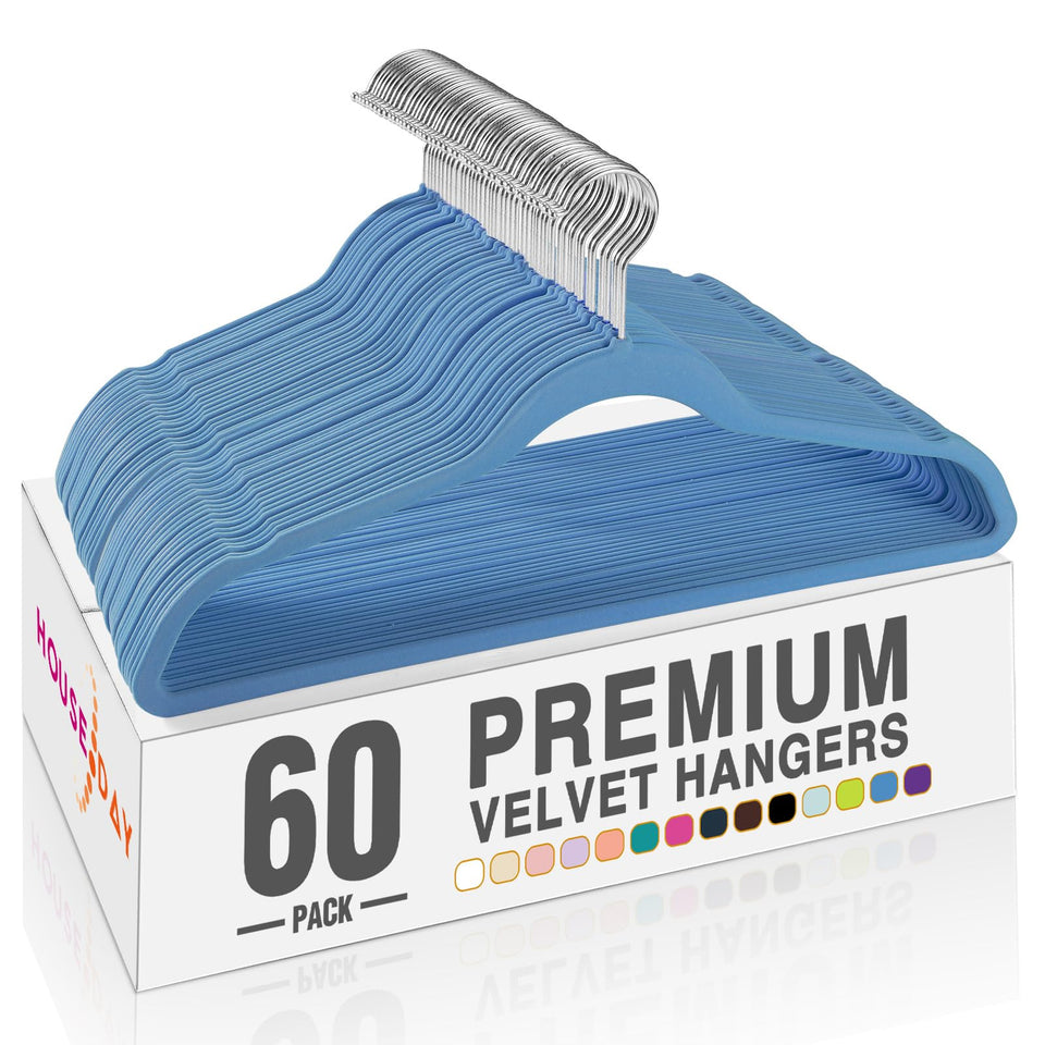 House Day Tranquil Blue Velvet Hangers in a 60-pack, styled for a premium closet