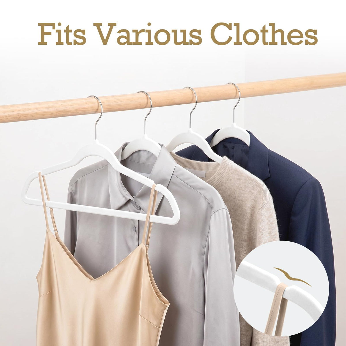 HOUSE DAY ultra-thin hanger demonstrates space-saving profile in a closet.