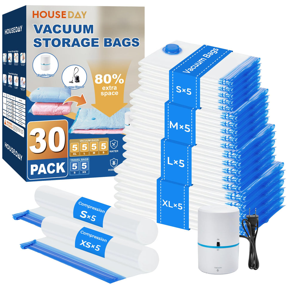 House Day vacuum bags with electric pump for quick air removal and fast storage.