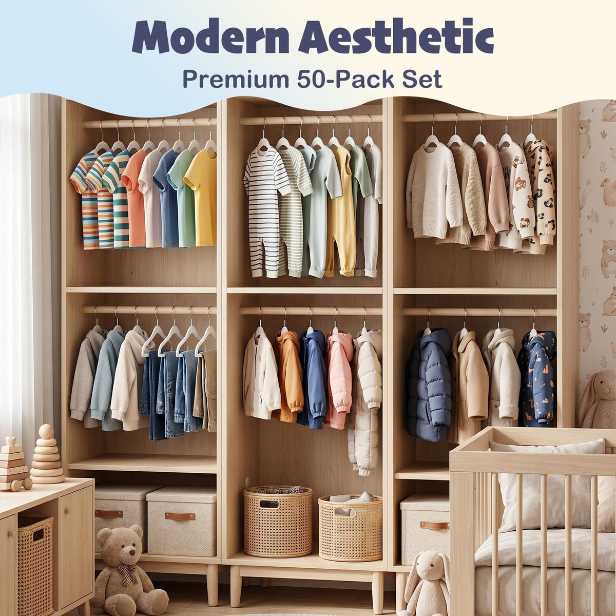 HOUSE DAY premium kids hangers keep closets tidy and clothes accessible.