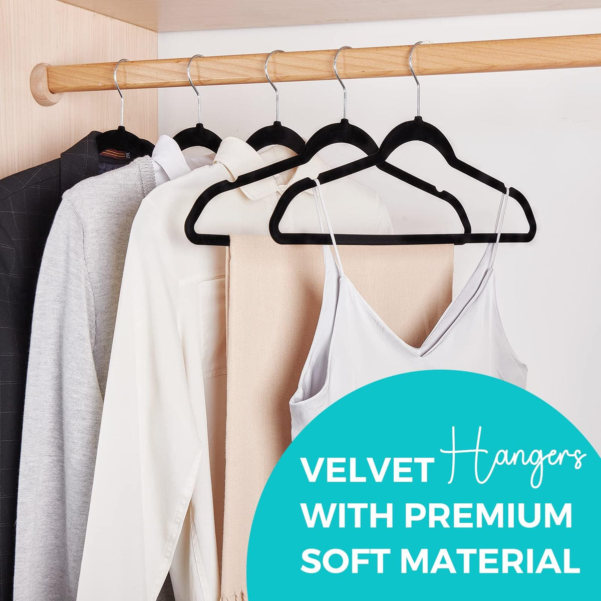House Day 50-pack velvet hangers on a closet rod showing space-saving design