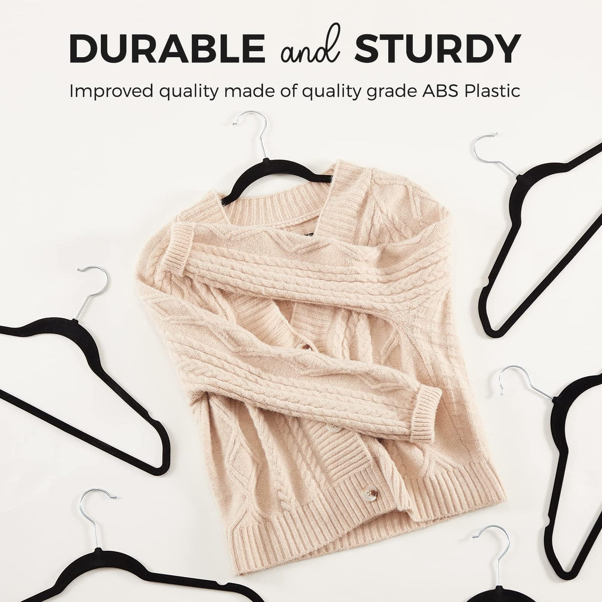 Stack of velvet hangers illustrating sturdy construction holds heavy coats