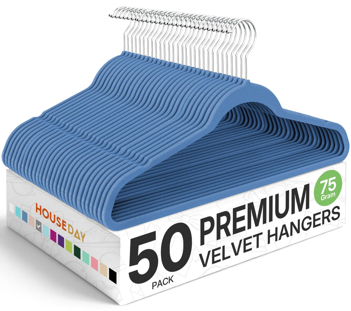 House Day velvet hangers in blue provide bulk organization for shirts and coats.