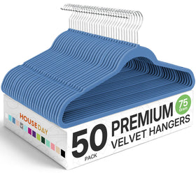 House Day velvet hangers in blue provide bulk organization for shirts and coats.