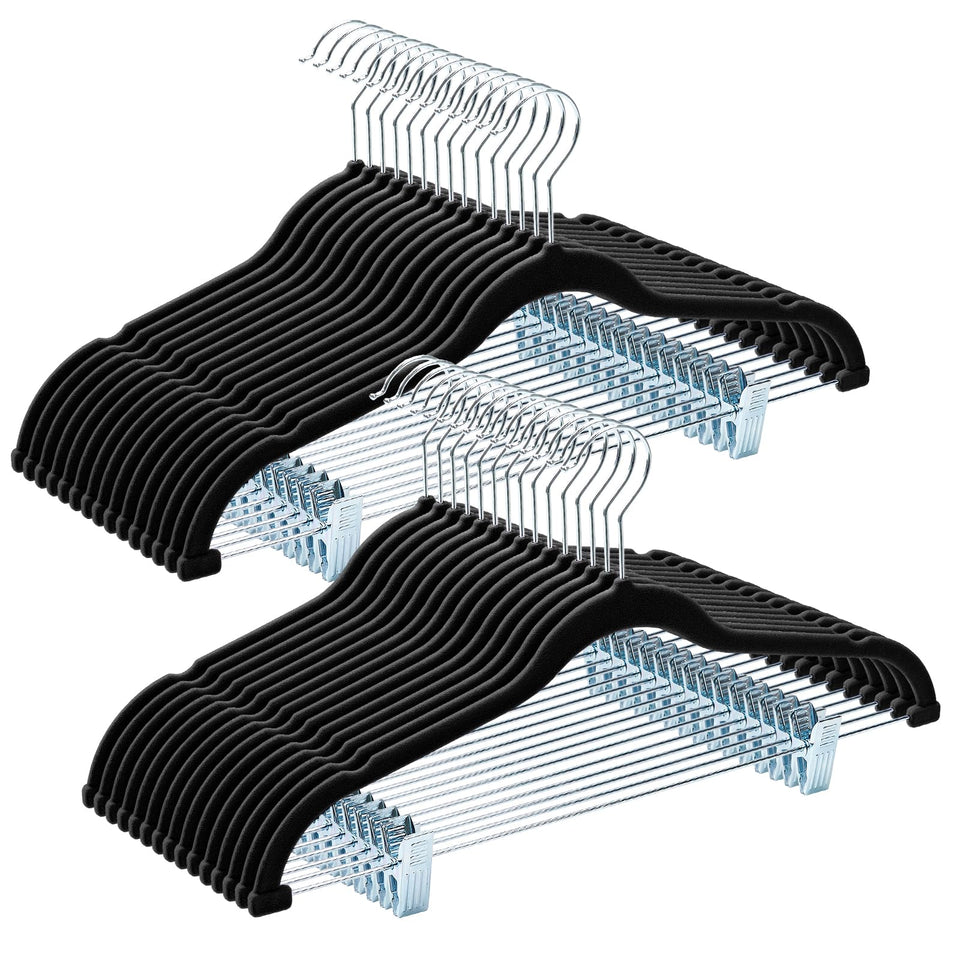 HOUSE DAY Velvet hangers with adjustable clips holding coordinated outfits