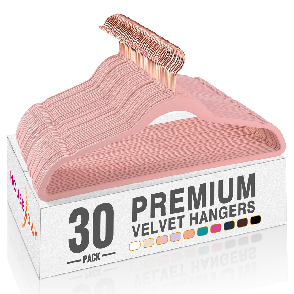 HOUSE DAY velvet hangers pink 30-pack keeps closet organized and garments in place.