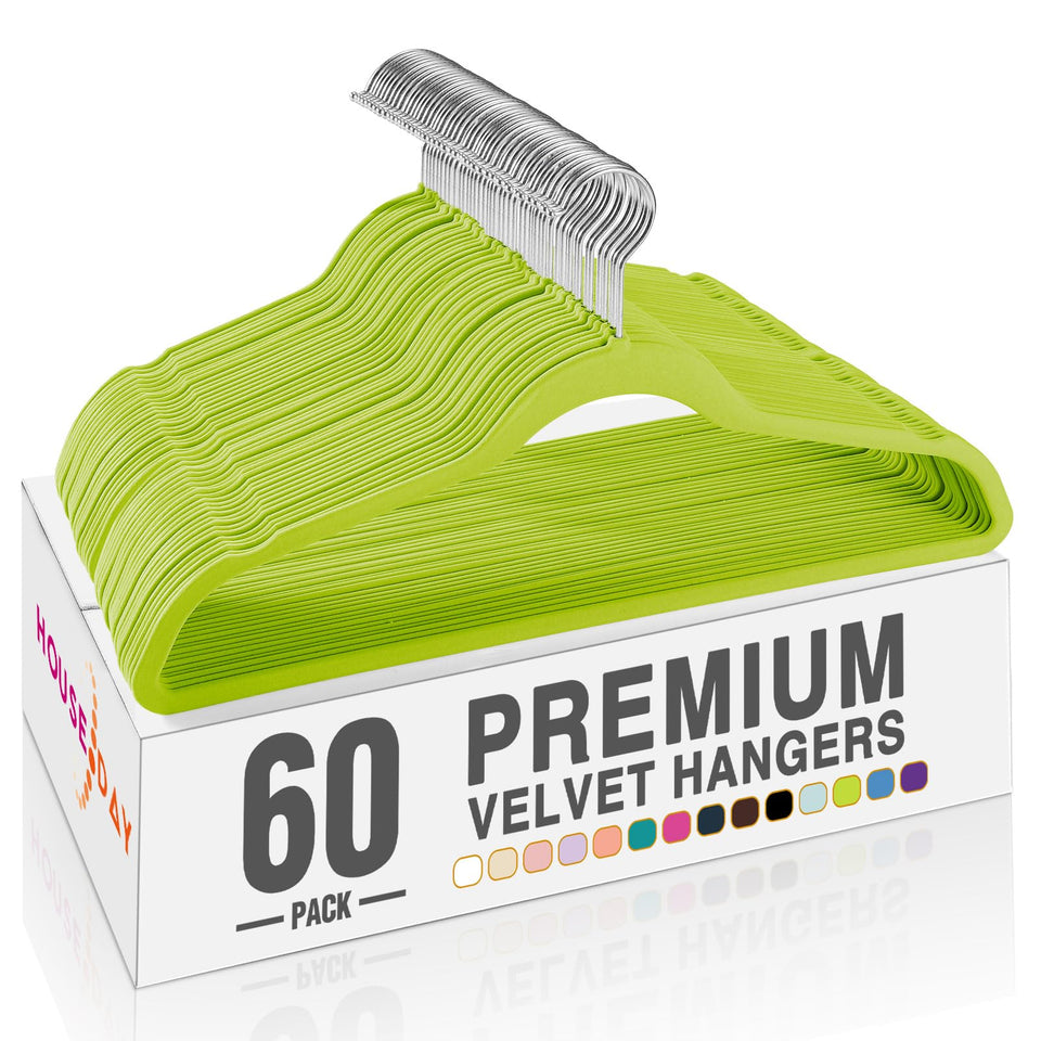 HOUSE DAY Vibrant Green Velvet Hangers keep clothes neatly organized and protected.