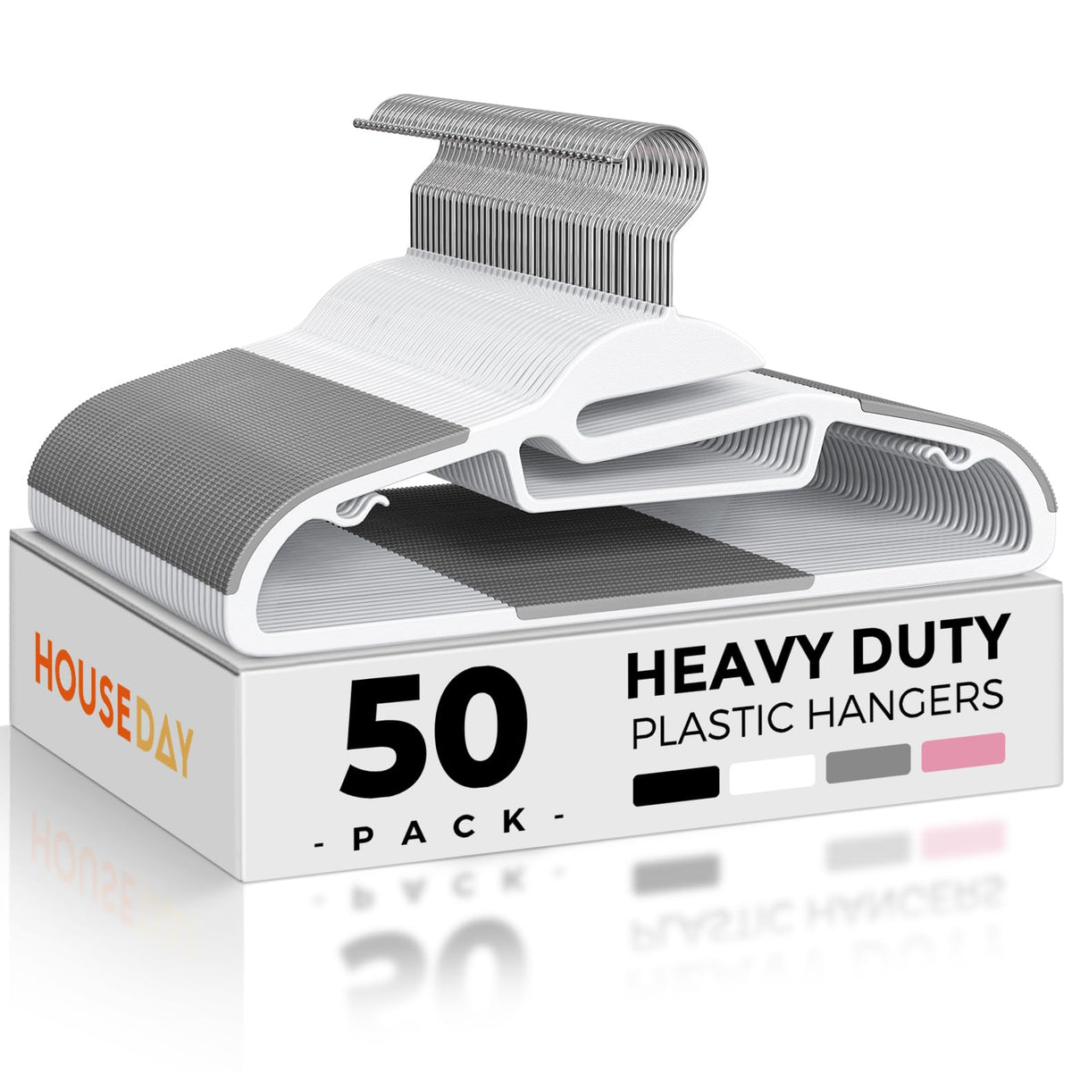 HOUSE DAY heavy-duty white plastic hanger holds bulky coats securely.