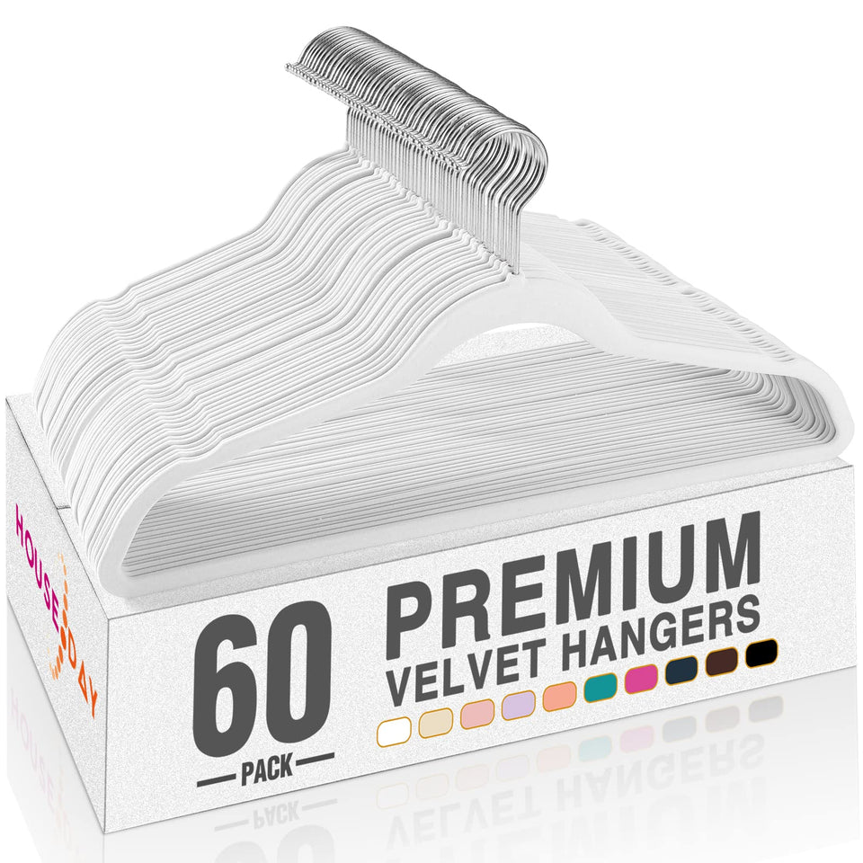 HOUSE DAY White Velvet Hangers front view with neat organization and secure grip.