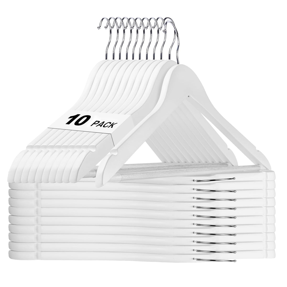House Day white wooden hanger 10-pack, sturdy for heavy garments.